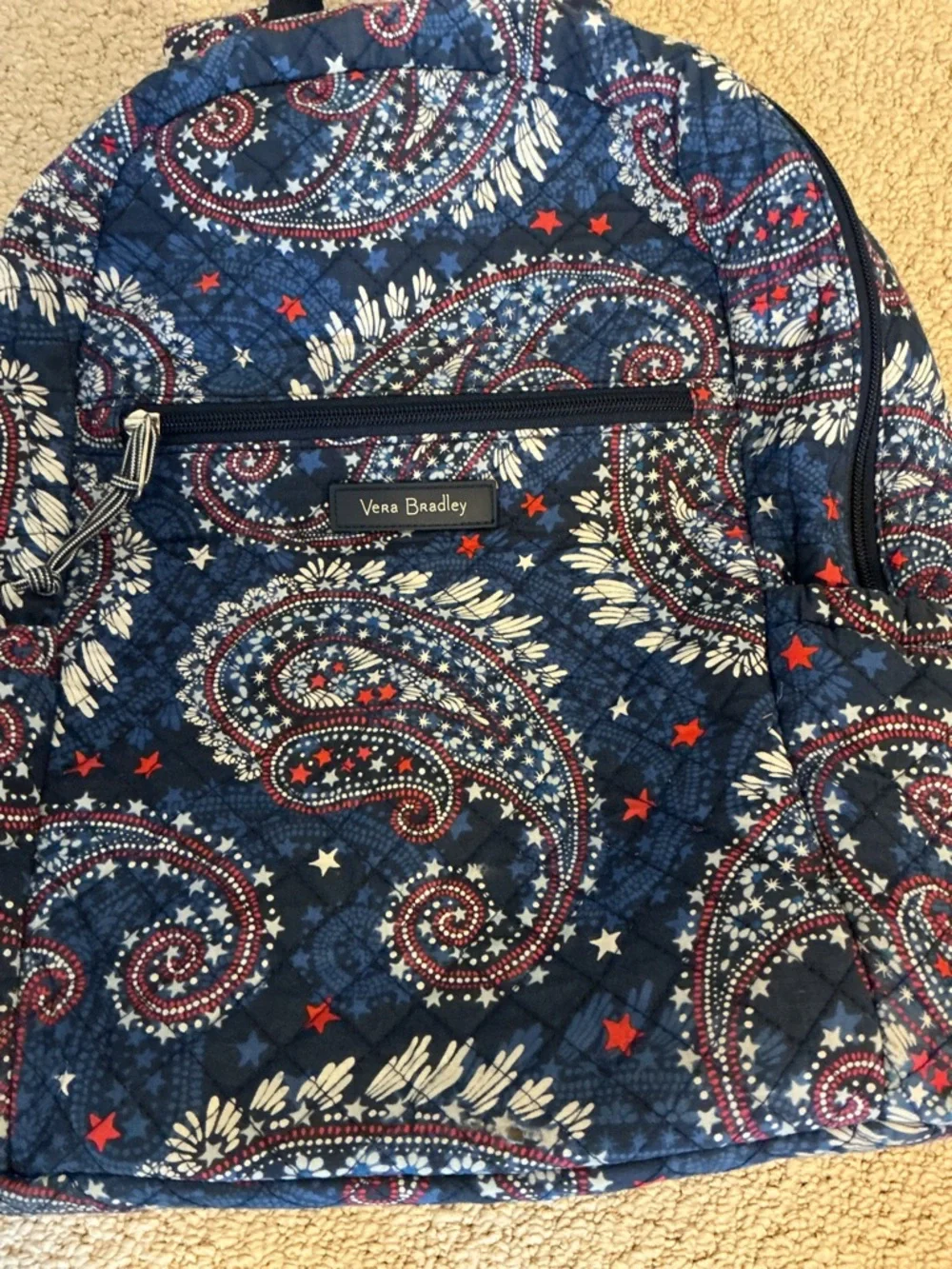 Vera Bradley Navy Paisley Quilted Backpack with Red & White Accents